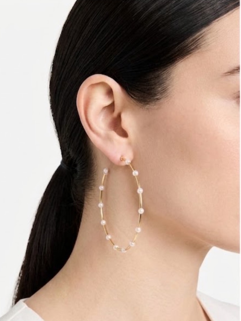 NWT J. CREW Gold Hoop Earrings with White Bead Accents